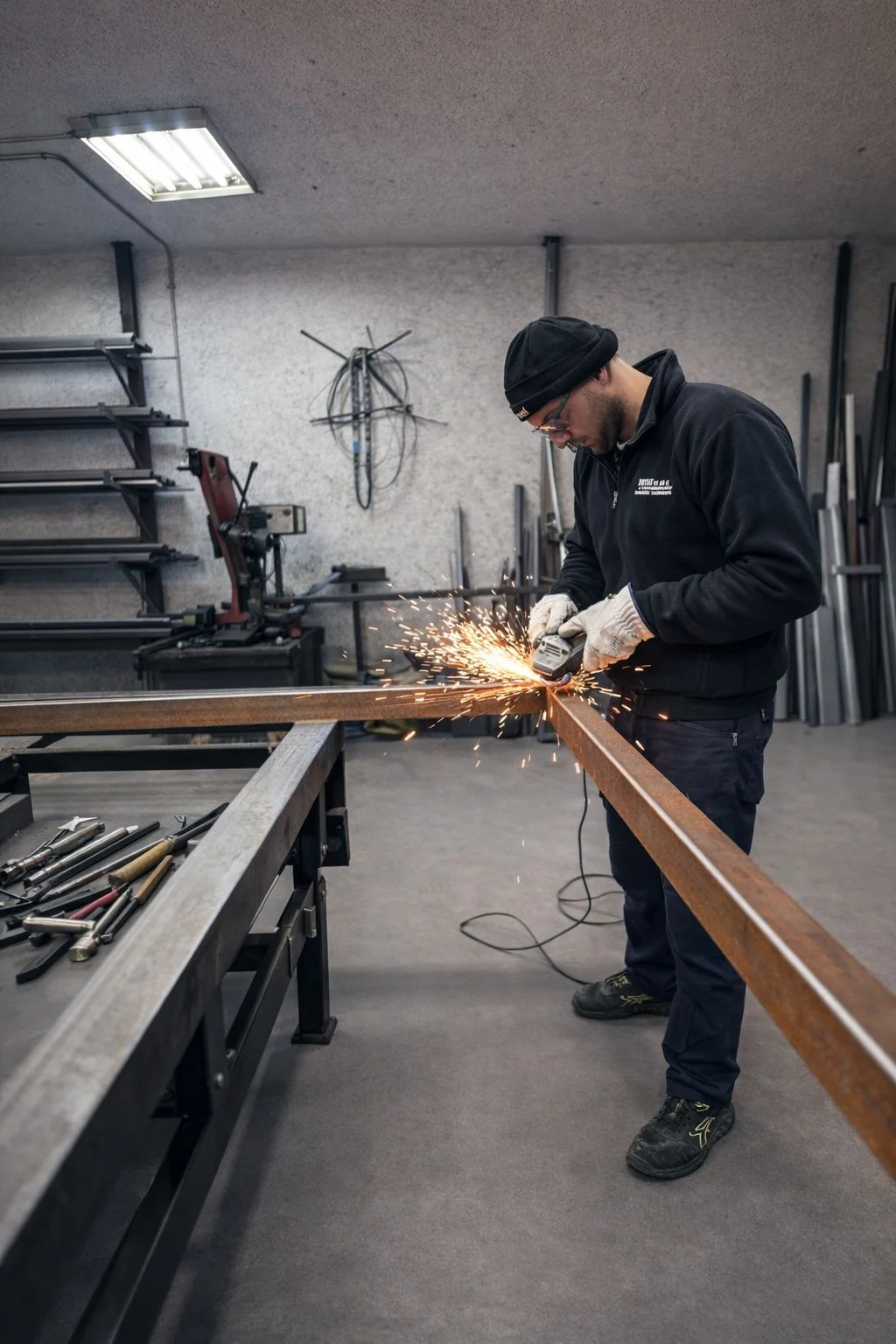 Artigiano Infissi ed Altro al lavoro nell'officina di Aprilia: lavorazione ferro con smerigliatrice per la produzione artigianale di cancelli e inferriate su misura
