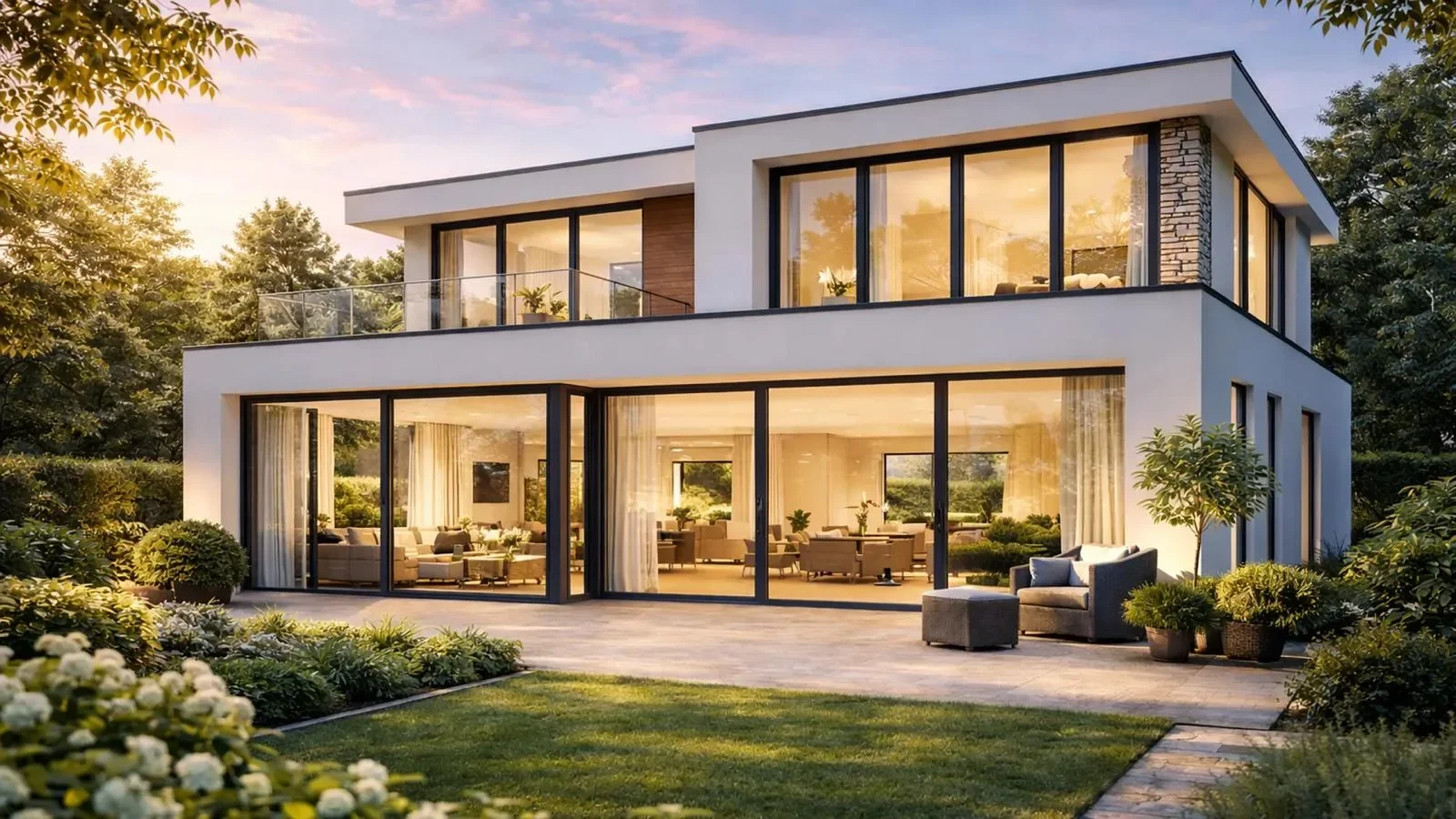 Casa moderna con grandi vetrate e infissi ad alta efficienza energetica, installazione su misura ad Aprilia, Roma e provincia