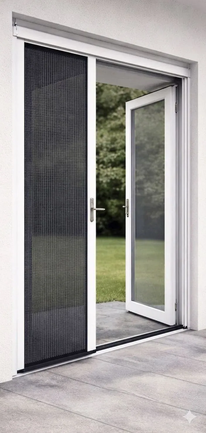 Zanzariera plissettata con chiusura a pacchetto per grandi aperture e passaggi continui.
